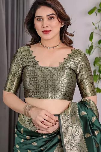 green green silk blend banarasi saree with unstitched blouse piece