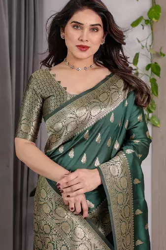 green green silk blend banarasi saree with unstitched blouse piece