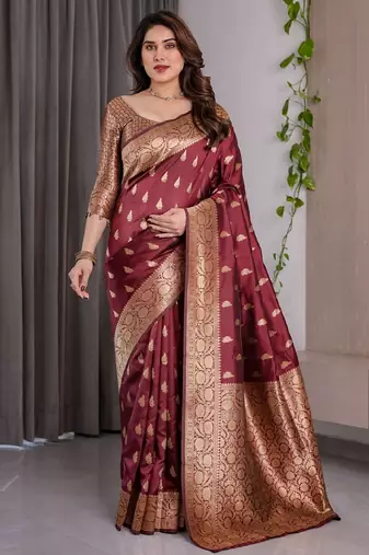 maroon soft art silk banarasi jacuard work designer party wear saree with unstitched blouse piece