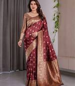maroon soft art silk banarasi jacuard work designer party wear saree with unstitched blouse piece