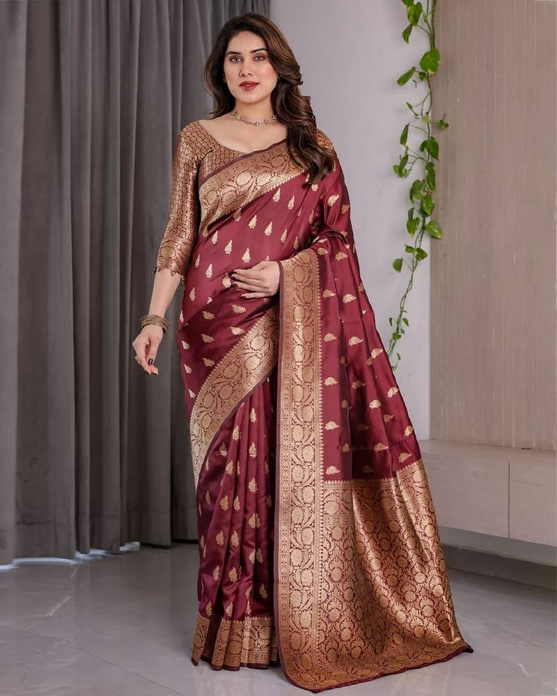 maroon soft art silk banarasi jacuard work designer party wear saree with unstitched blouse piece