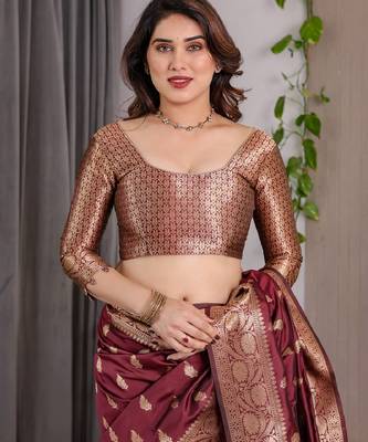 maroon silk blend banarasi saree with unstitched blouse piece 4