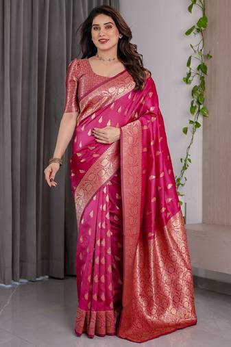 pink soft art silk banarasi jacuard work designer party wear saree with unstitched blouse piece
