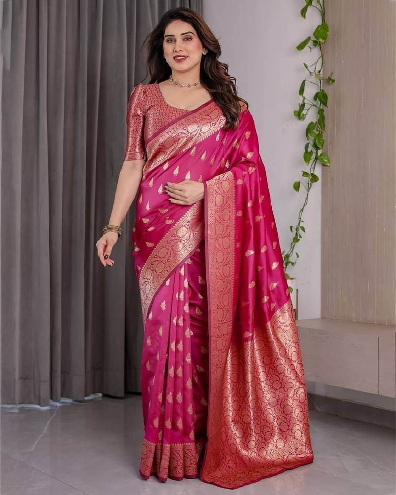 pink soft art silk banarasi jacuard work designer party wear saree with unstitched blouse piece
