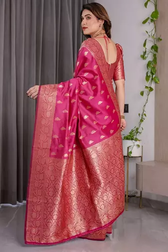 pink silk blend banarasi saree with unstitched blouse piece