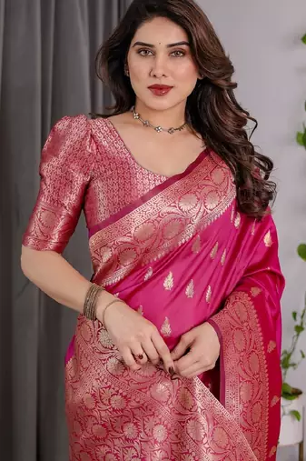 pink silk blend banarasi saree with unstitched blouse piece
