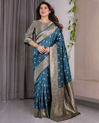 turquoise silk blend banarasi saree with unstitched blouse piece 1