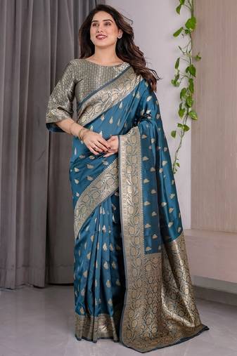 turquoise soft art silk banarasi jacuard work designer party wear saree with unstitched blouse piece