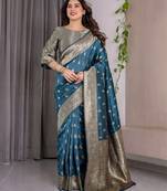 turquoise soft art silk banarasi jacuard work designer party wear saree with unstitched blouse piece