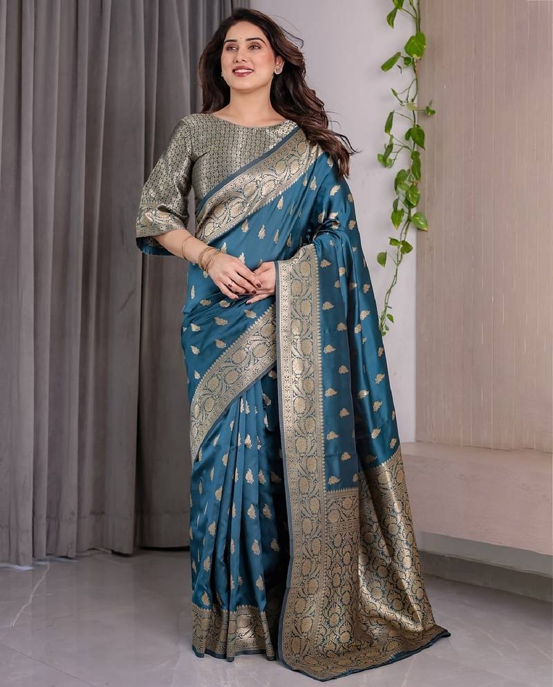 turquoise soft art silk banarasi jacuard work designer party wear saree with unstitched blouse piece
