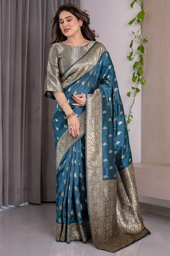 turquoise silk blend banarasi saree with unstitched blouse piece