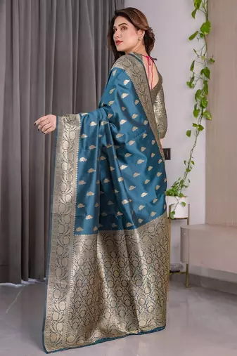 turquoise silk blend banarasi saree with unstitched blouse piece
