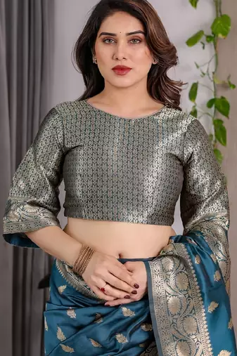 turquoise silk blend banarasi saree with unstitched blouse piece