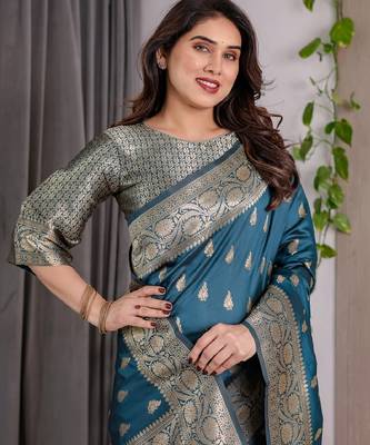 turquoise silk blend banarasi saree with unstitched blouse piece 5