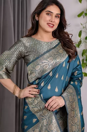 turquoise silk blend banarasi saree with unstitched blouse piece
