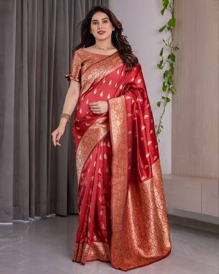 red silk blend banarasi saree with unstitched blouse piece 1