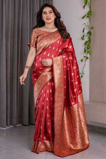 red soft art silk banarasi jacuard work designer party wear saree with unstitched blouse piece