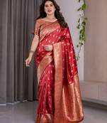 red soft art silk banarasi jacuard work designer party wear saree with unstitched blouse piece
