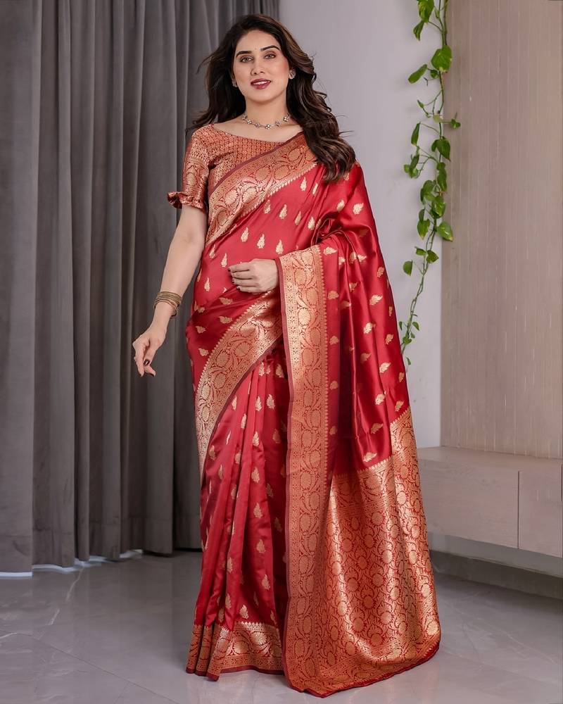 red soft art silk banarasi jacuard work designer party wear saree with unstitched blouse piece