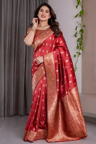 red silk blend banarasi saree with unstitched blouse piece