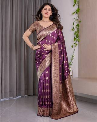 wine silk blend banarasi saree with unstitched blouse piece 1