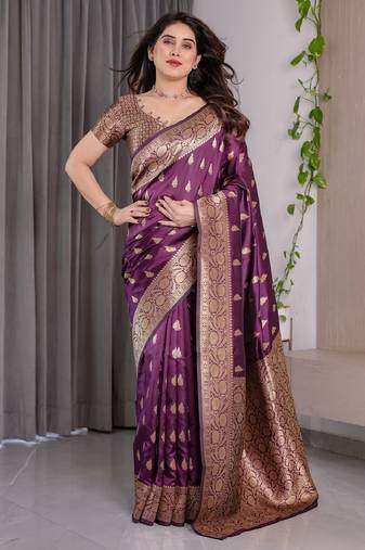 wine soft art silk banarasi jacuard work designer party wear saree with unstitched blouse piece