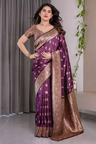 wine soft art silk banarasi jacuard work designer party wear saree with unstitched blouse piece