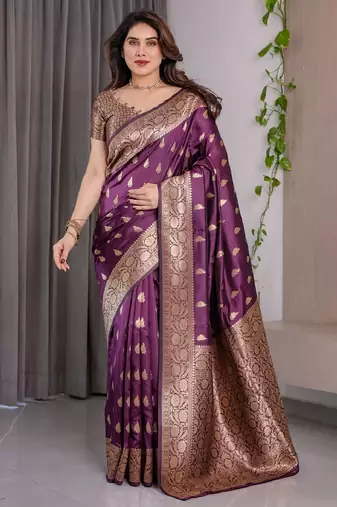 wine silk blend banarasi saree with unstitched blouse piece