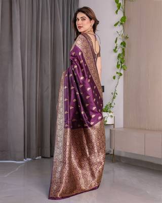 wine silk blend banarasi saree with unstitched blouse piece 3