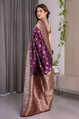 wine silk blend banarasi saree with unstitched blouse piece