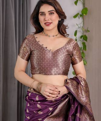 wine silk blend banarasi saree with unstitched blouse piece 4