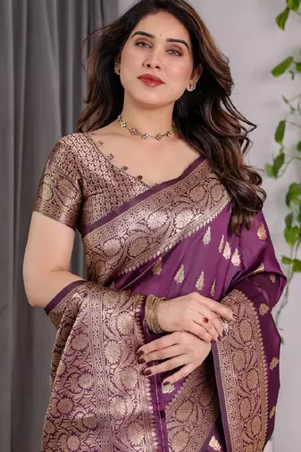 wine silk blend banarasi saree with unstitched blouse piece