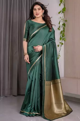 green soft art silk banarasi jacuard work designer party wear saree with unstitched blouse piece
