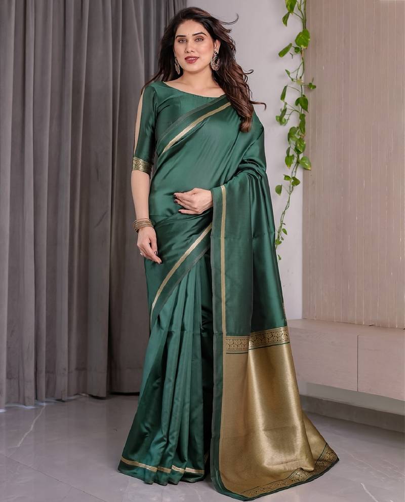 green soft art silk banarasi jacuard work designer party wear saree with unstitched blouse piece