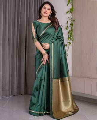 green silk blend banarasi saree with unstitched blouse piece 2