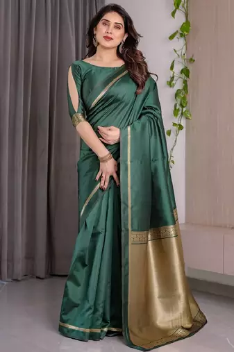 green silk blend banarasi saree with unstitched blouse piece