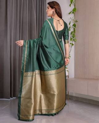green silk blend banarasi saree with unstitched blouse piece 3