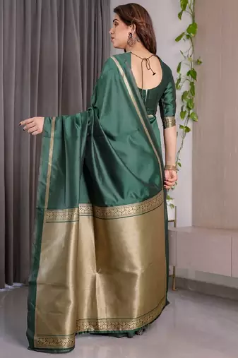 green silk blend banarasi saree with unstitched blouse piece