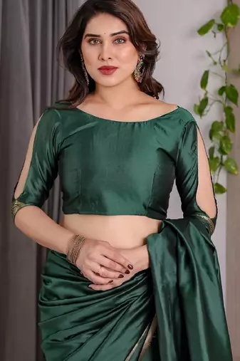 green silk blend banarasi saree with unstitched blouse piece