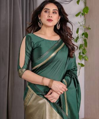 green silk blend banarasi saree with unstitched blouse piece 5