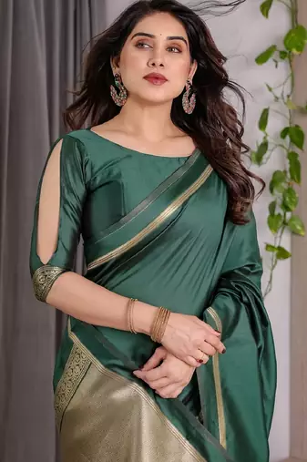 green silk blend banarasi saree with unstitched blouse piece