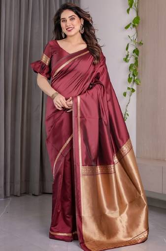 maroon soft art silk banarasi jacuard work designer party wear saree with unstitched blouse piece