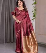 maroon soft art silk banarasi jacuard work designer party wear saree with unstitched blouse piece