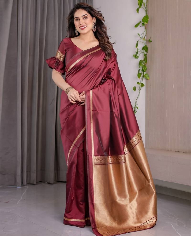 maroon soft art silk banarasi jacuard work designer party wear saree with unstitched blouse piece