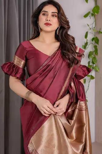 maroon silk blend banarasi saree with unstitched blouse piece