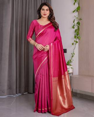 pink silk blend banarasi saree with unstitched blouse piece 1