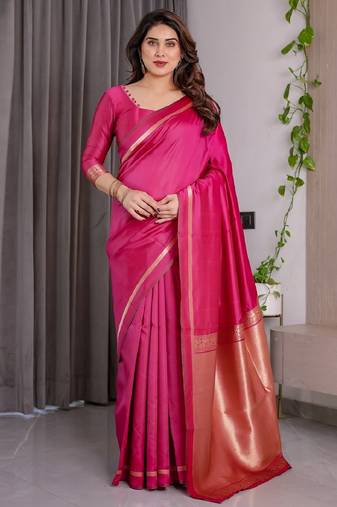 pink soft art silk banarasi jacuard work designer party wear saree with unstitched blouse piece