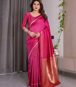 pink soft art silk banarasi jacuard work designer party wear saree with unstitched blouse piece