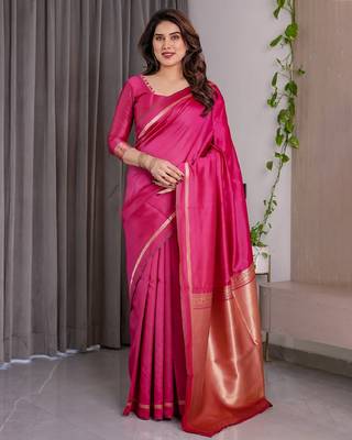 pink silk blend banarasi saree with unstitched blouse piece 2