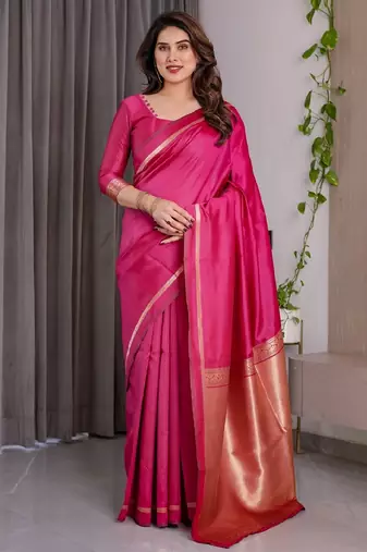 pink silk blend banarasi saree with unstitched blouse piece